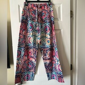 Anthropologie Kachel Pink and blue floral wide leg cotton boho pants, size small